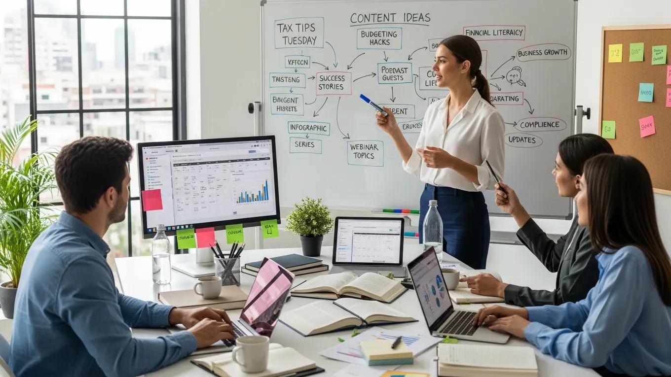 Accountant brainstorming content marketing strategies in a collaborative workspace