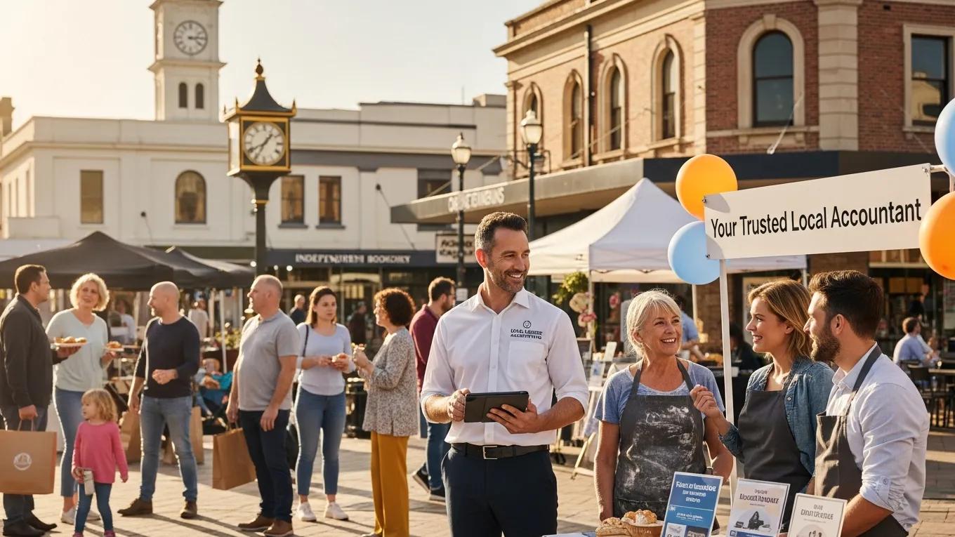 Accountant engaging with local clients at a community event, highlighting local SEO strategies