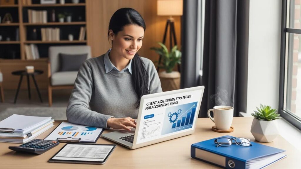 Accountant working in a cozy office with financial documents, laptop displaying client acquisition strategies for accounting firms, and a cup of coffee.