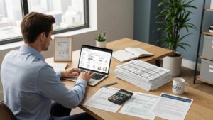 Accountant working in a professional office environment, emphasizing SEO strategies for growth