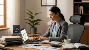 Accountant working on a laptop in a professional office, emphasizing the importance of SEO for growth