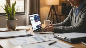 Accountant working on digital marketing strategies in a modern office