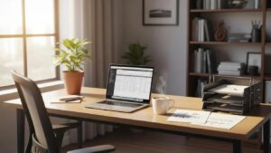 Cozy accounting office with a laptop, coffee, and financial documents