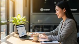 Cozy office scene with an accountant working on a laptop, symbolizing SEO strategies for growth