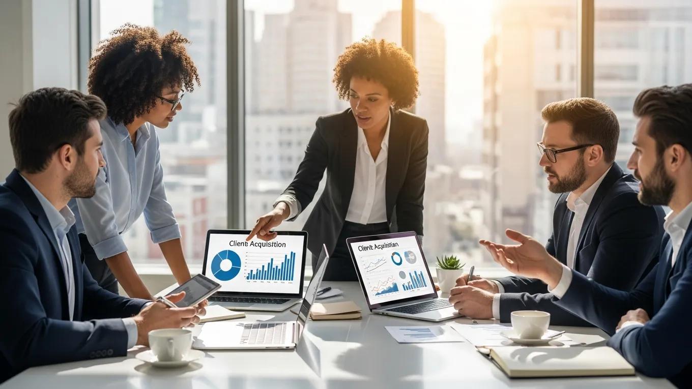 Diverse professionals collaborating on client acquisition strategies in a modern office