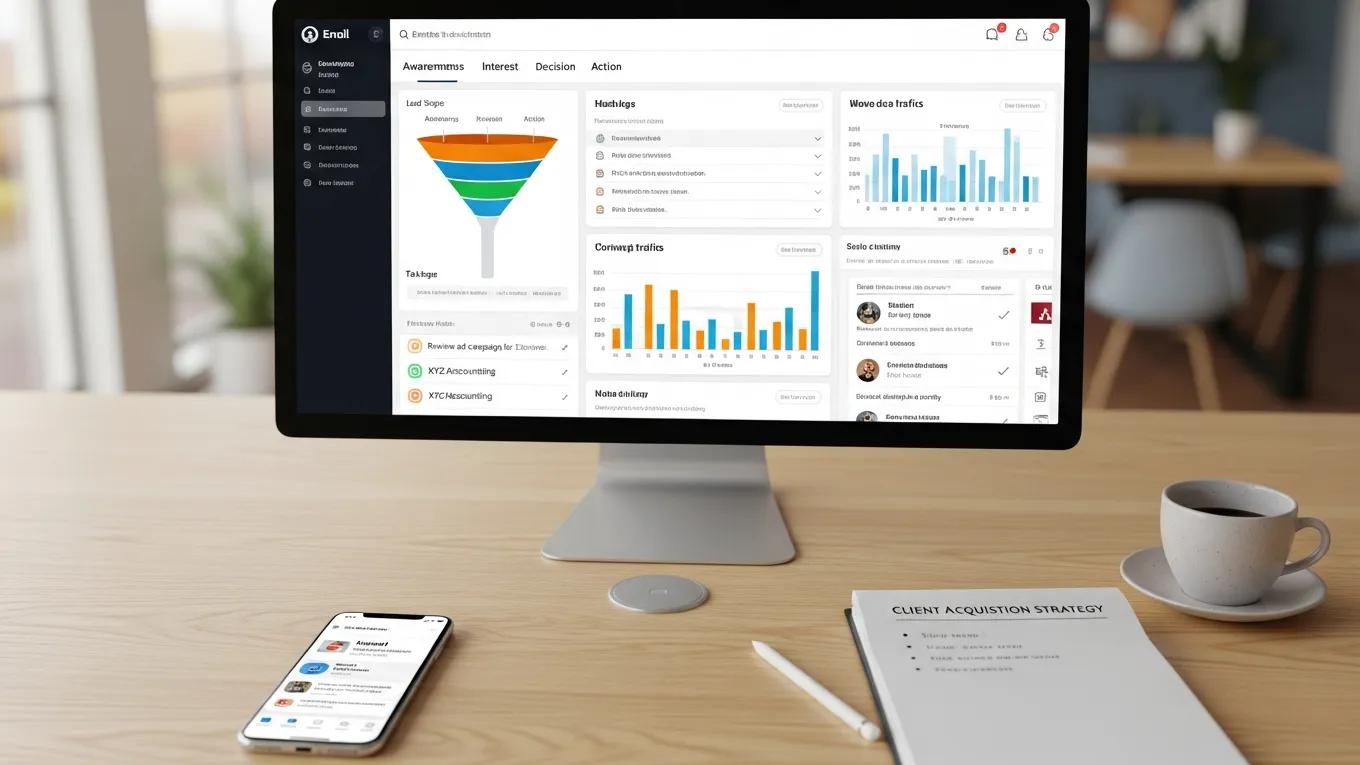 Marketing automation dashboard displayed on a computer screen in a modern workspace, showcasing lead generation metrics, client acquisition strategies, and data analytics tools, with a smartphone and coffee cup on the desk.
