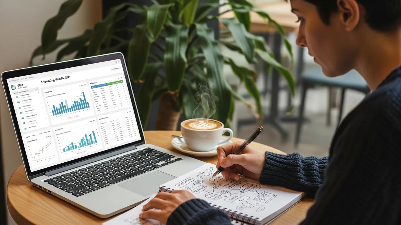 Person analyzing SEO strategies for an accounting website in a café