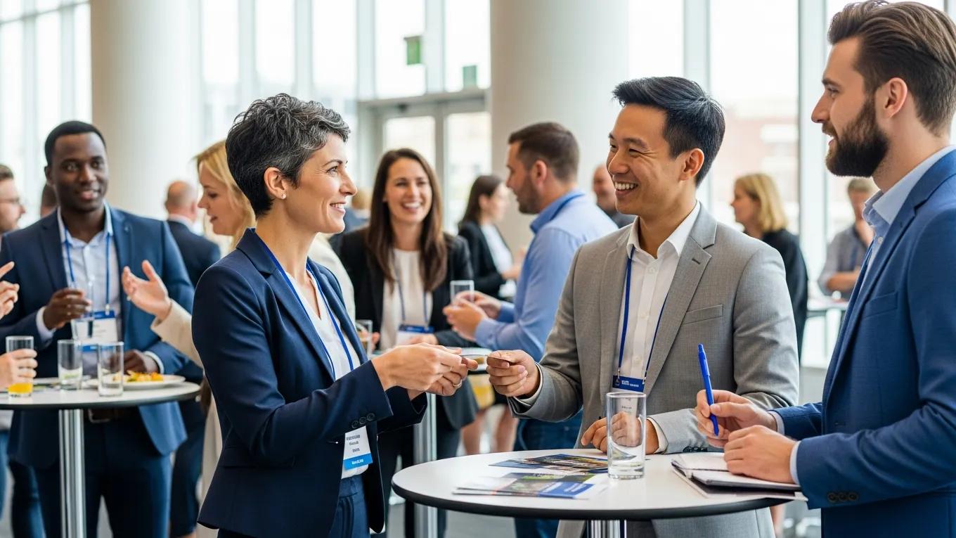 Professionals networking at a business event, exchanging business cards and engaging in discussions to generate leads for client acquisition strategies in accounting firms.