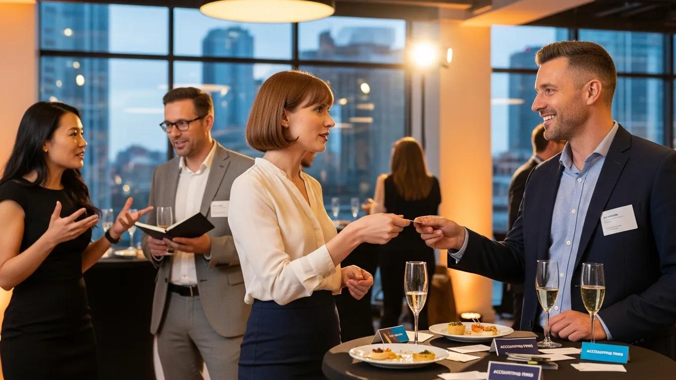 Professionals networking at an event to generate leads for accounting firms