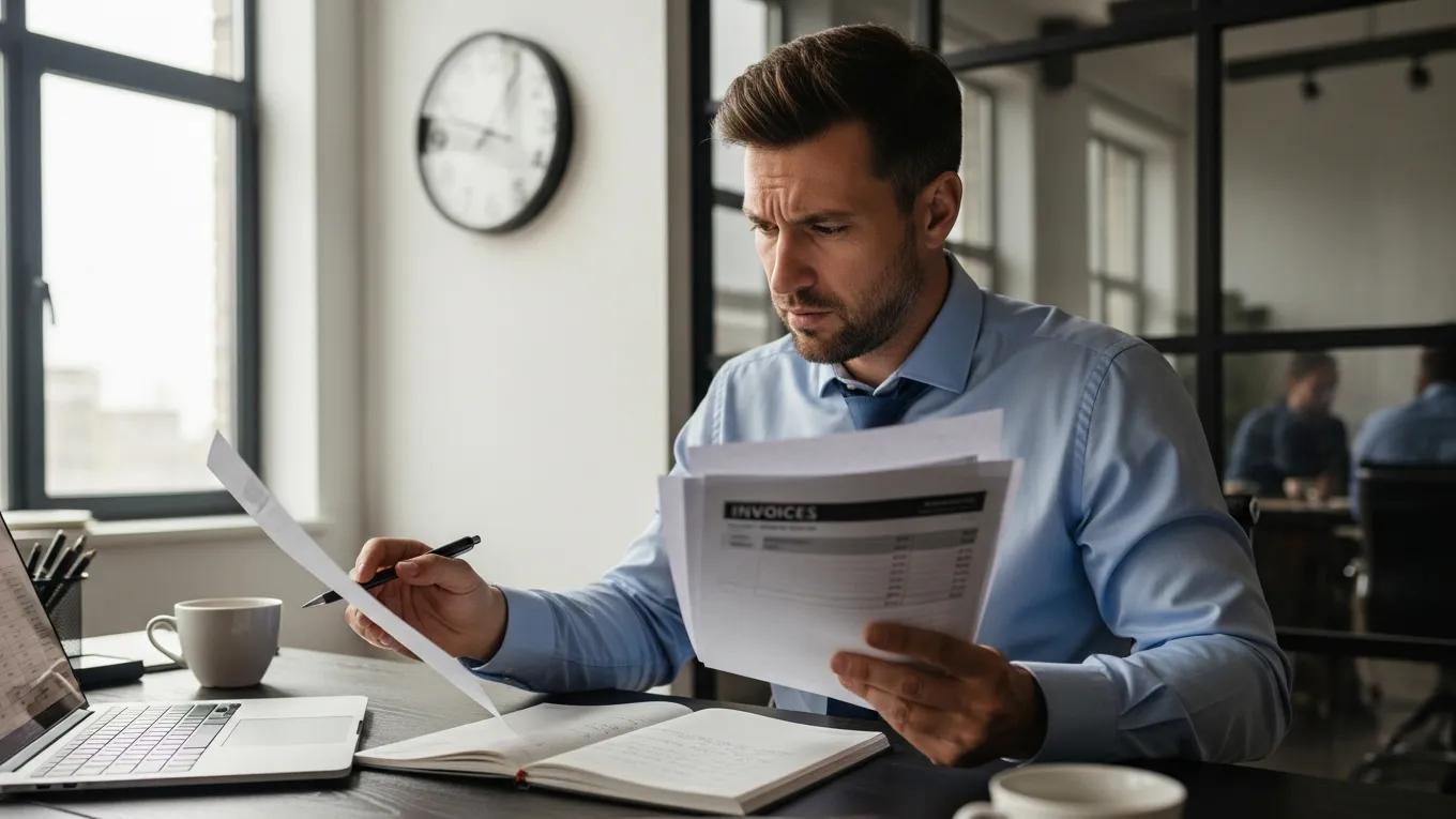 Accountant reviewing invoices, highlighting challenges of hourly rate pricing in a modern office