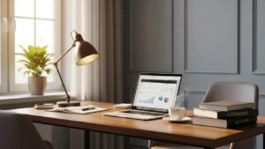 Cozy accounting office with a laptop, coffee, and books, emphasizing a welcoming atmosphere for clients