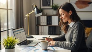 Cozy office setting with an accountant working on pricing models, featuring a laptop and financial documents